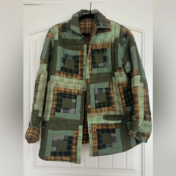 Patch magic unisex reversible button up Tan Plaid Jacket - Picture 3 of 14